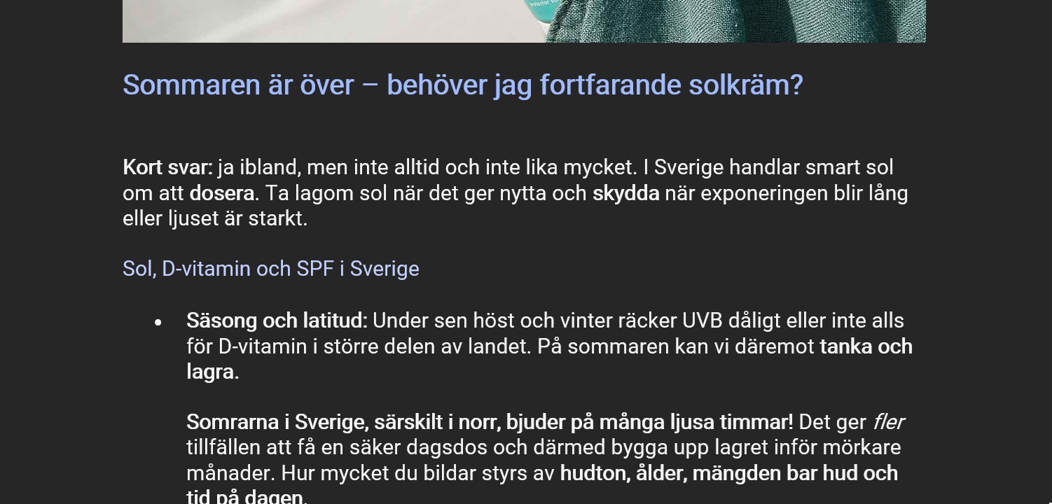 Extracto del borrador en sueco para el cliente sobre protector solar tras el verano (1 de 2)