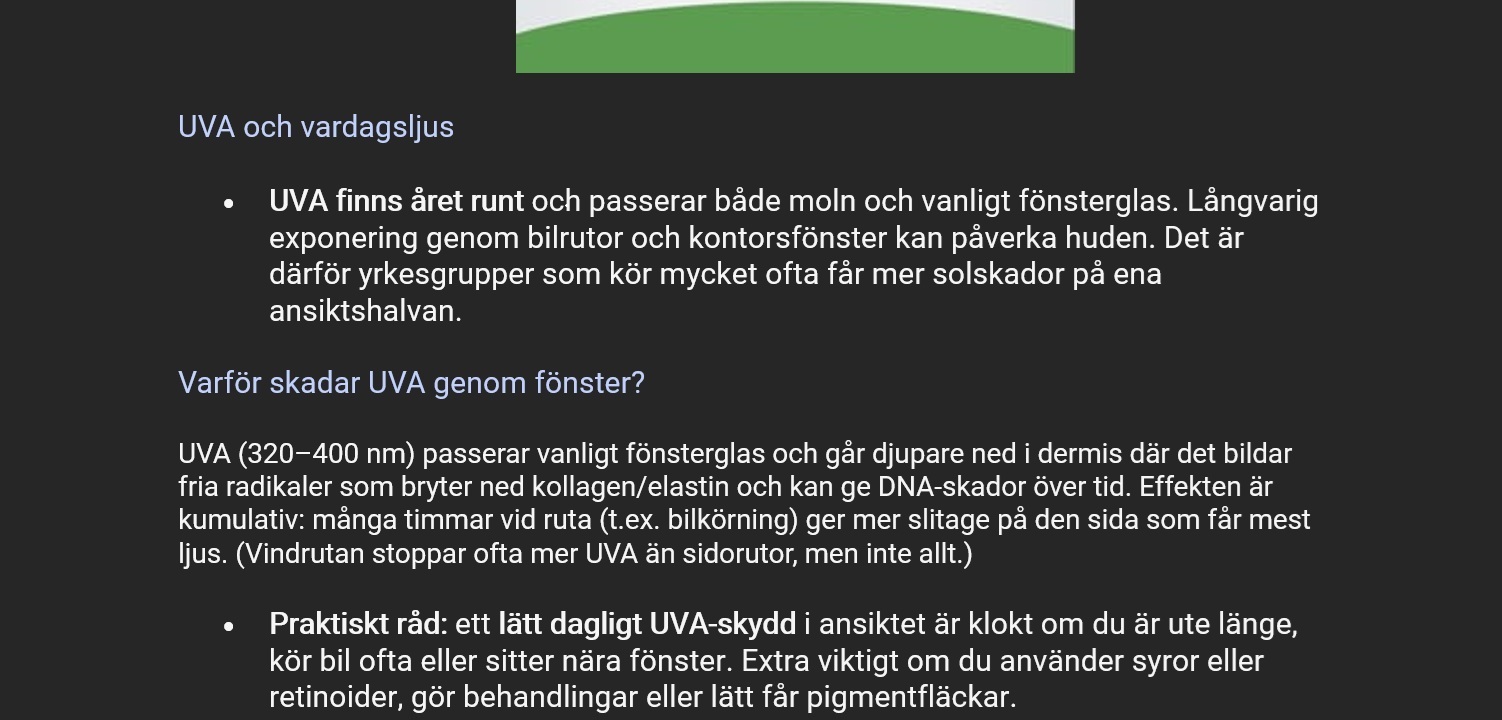 Extracto del borrador en sueco para el cliente sobre protector solar tras el verano (2 de 2)